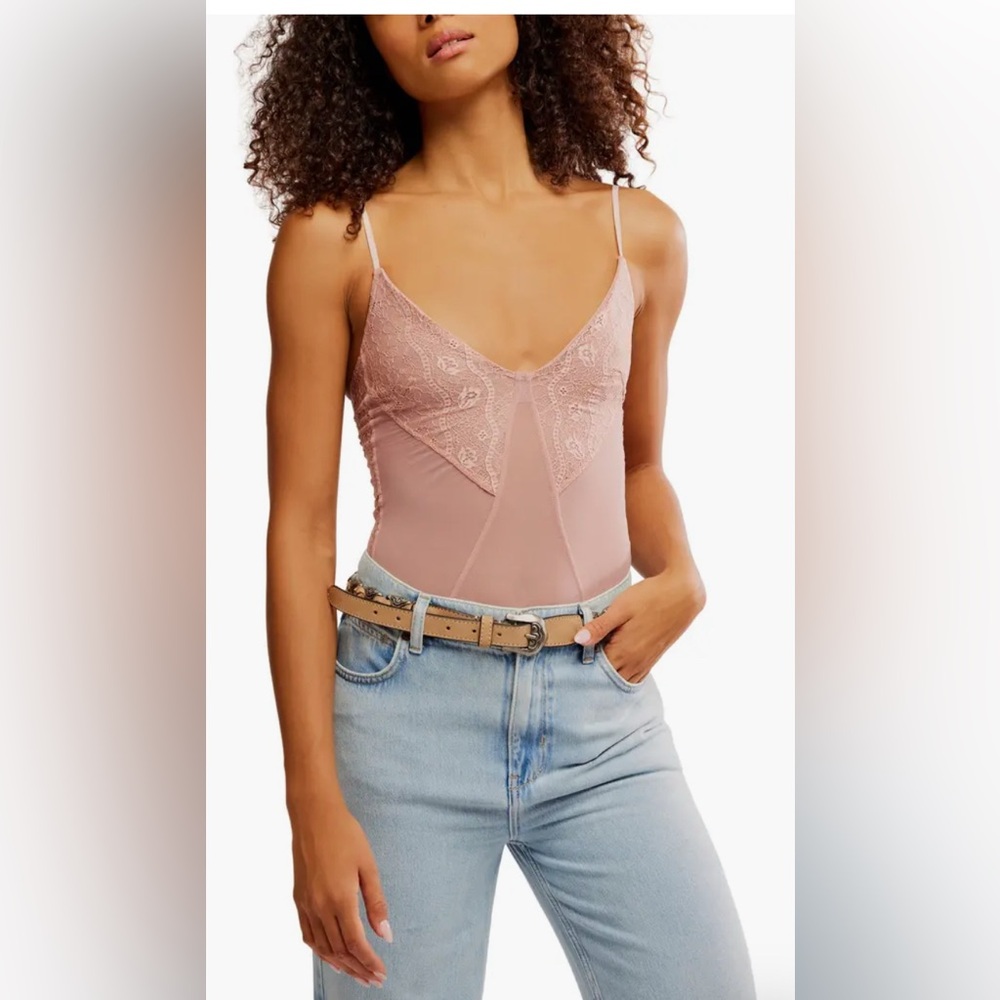 NWT Free People Take My Number Lace & Mesh Bodysuit in Color: Pink